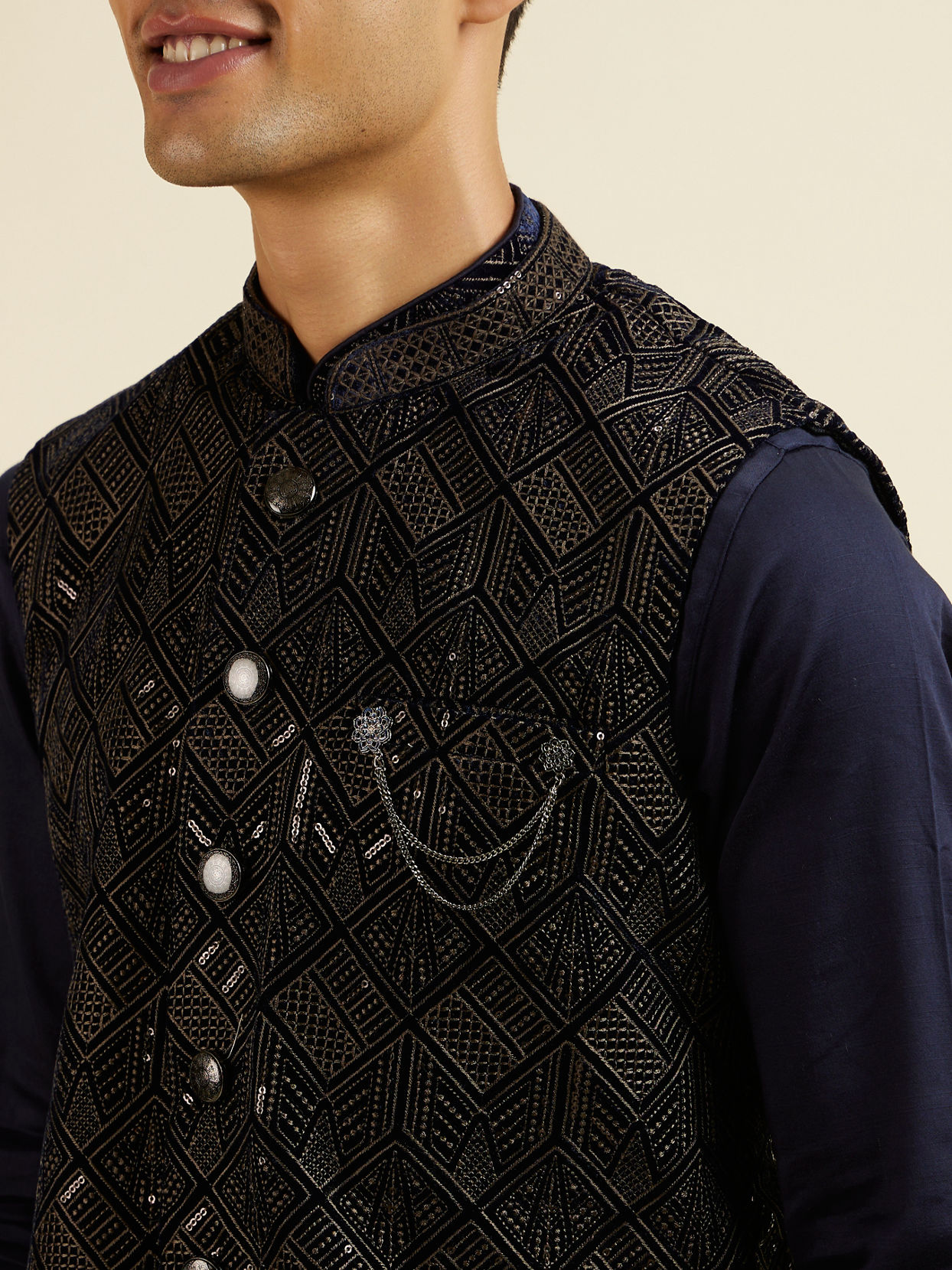 Manyavar Men Dark Blue Sequinned Jaal Patterned Jacket Set