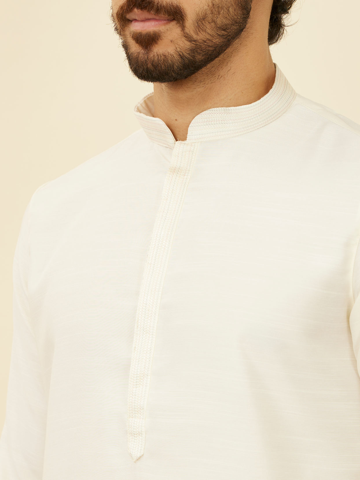 Manyavar Men Warm White Bel Buti Patterned Kurta Jacket Set