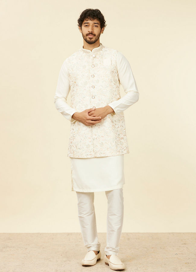 Manyavar Men Warm White Bel Buti Patterned Kurta Jacket Set