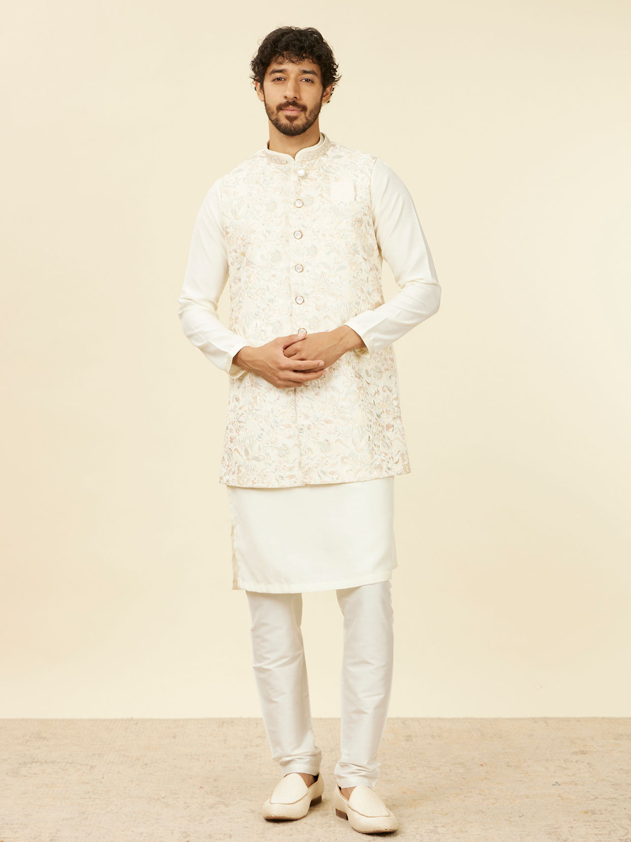 Manyavar Men Warm White Bel Buti Patterned Kurta Jacket Set