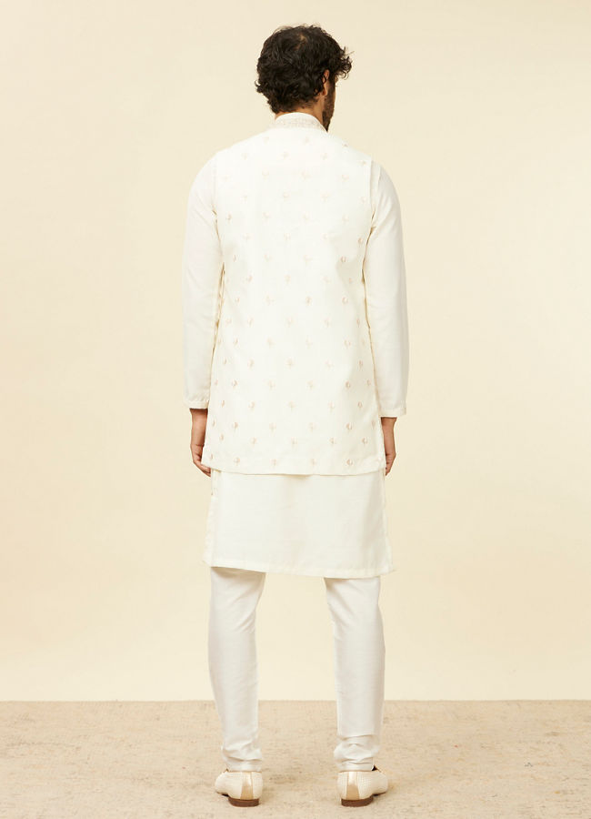 Manyavar Men Warm White Bel Buti Patterned Kurta Jacket Set