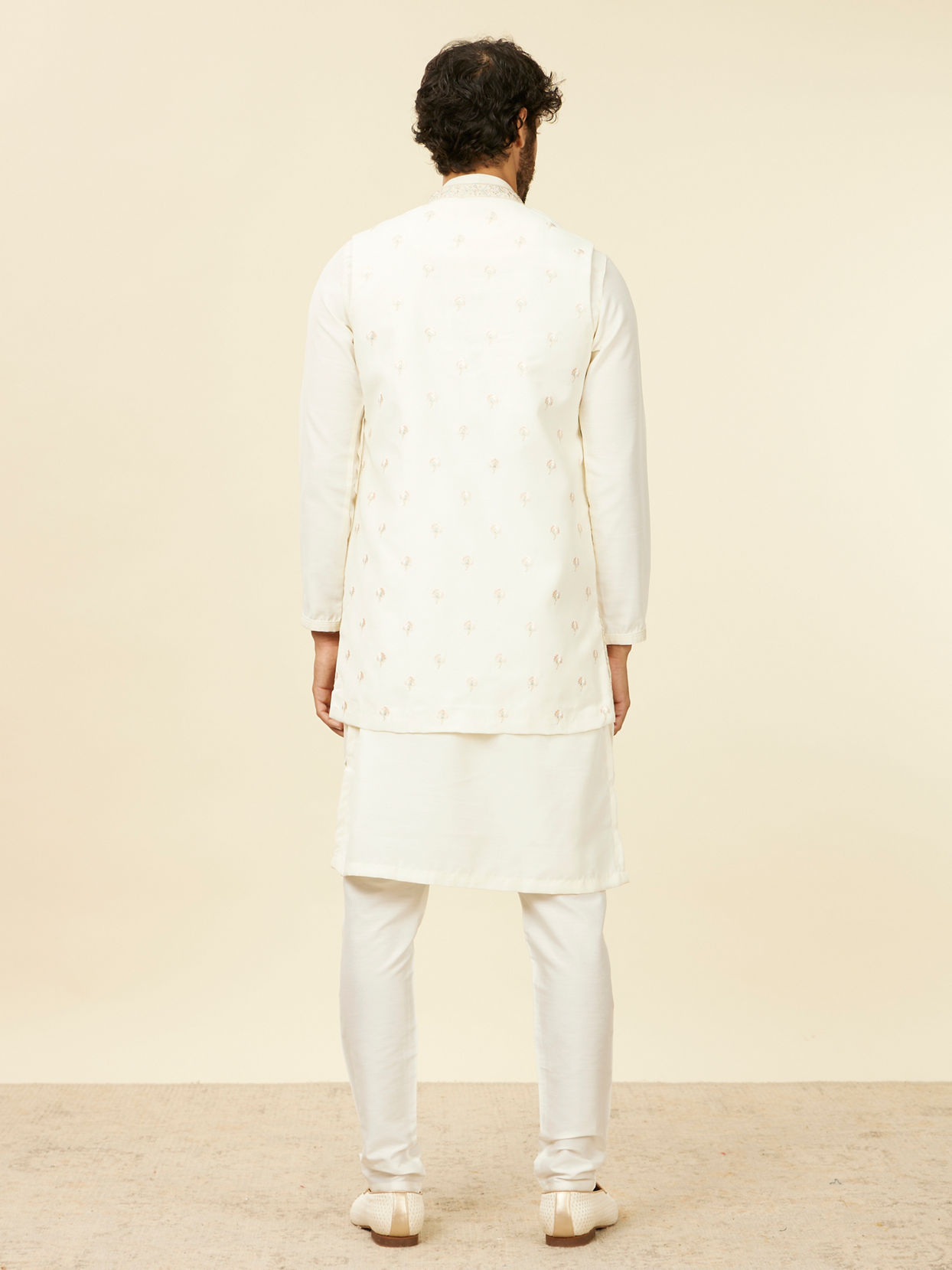 Manyavar Men Warm White Bel Buti Patterned Kurta Jacket Set
