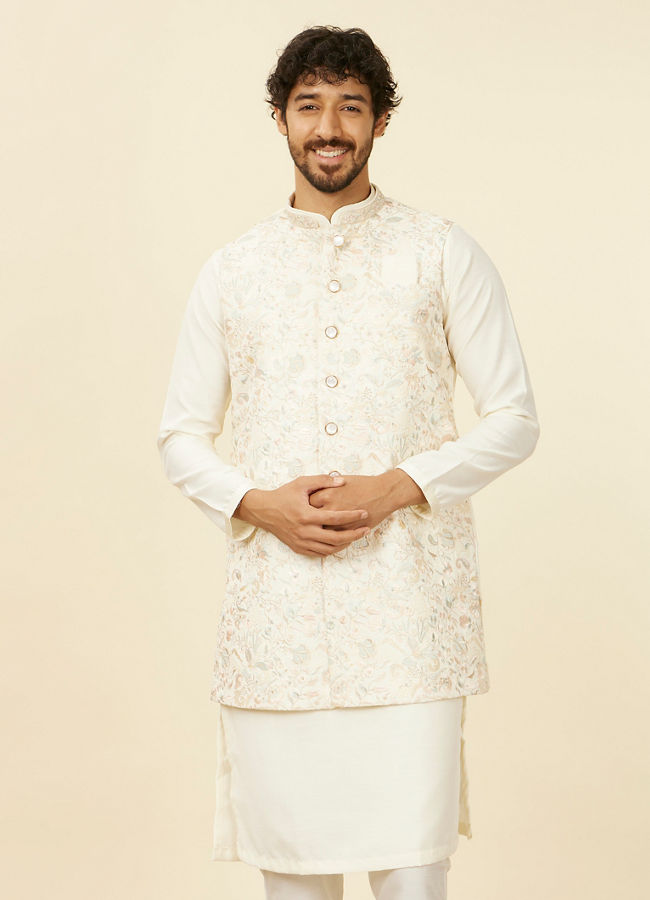 alt message - Manyavar Men Warm White Bel Buti Patterned Kurta Jacket Set image number 0