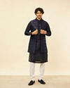 Manyavar Men Midnight Blue Sequinned Jaal Patterned Kurta Jacket Set image number 3