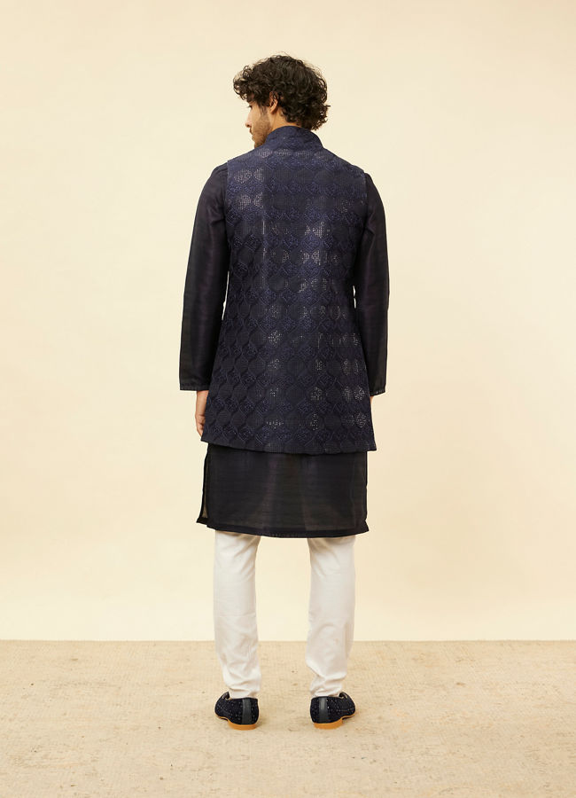 Manyavar Men Midnight Blue Sequinned Jaal Patterned Kurta Jacket Set image number 4