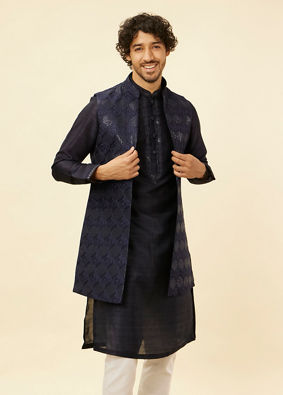 alt message - Manyavar Men Midnight Blue Sequinned Jaal Patterned Kurta Jacket Set image number 0