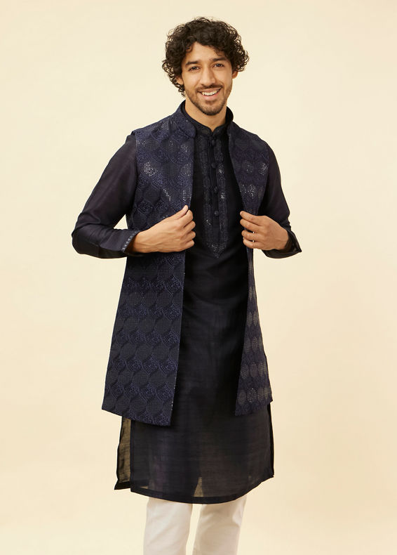 Manyavar Men Midnight Blue Sequinned Jaal Patterned Kurta Jacket Set