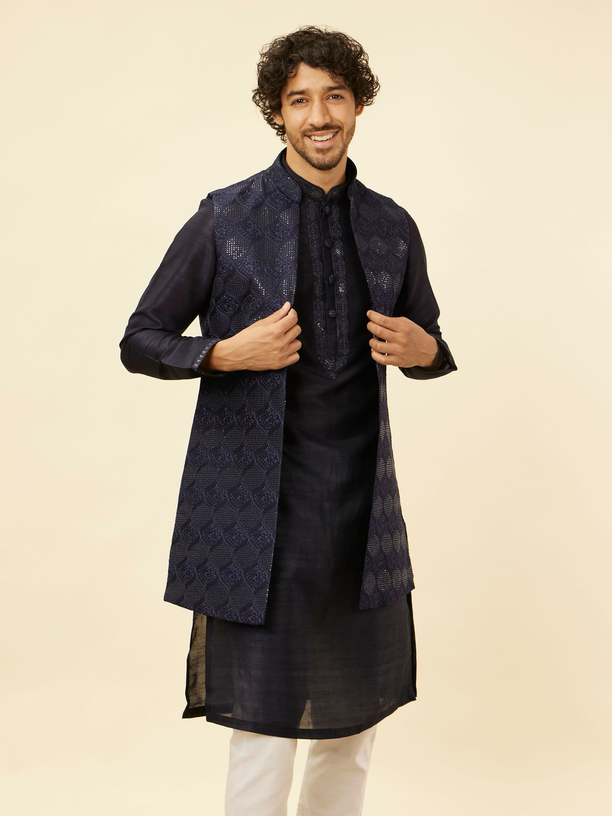 Manyavar Men Midnight Blue Sequinned Jaal Patterned Kurta Jacket Set image number 0