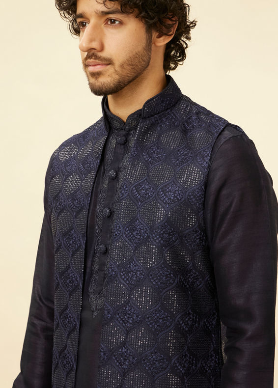 Manyavar Men Midnight Blue Sequinned Jaal Patterned Kurta Jacket Set