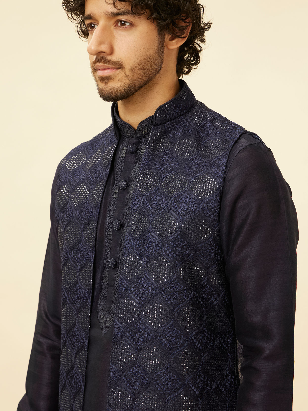 Manyavar Men Midnight Blue Sequinned Jaal Patterned Kurta Jacket Set image number 1