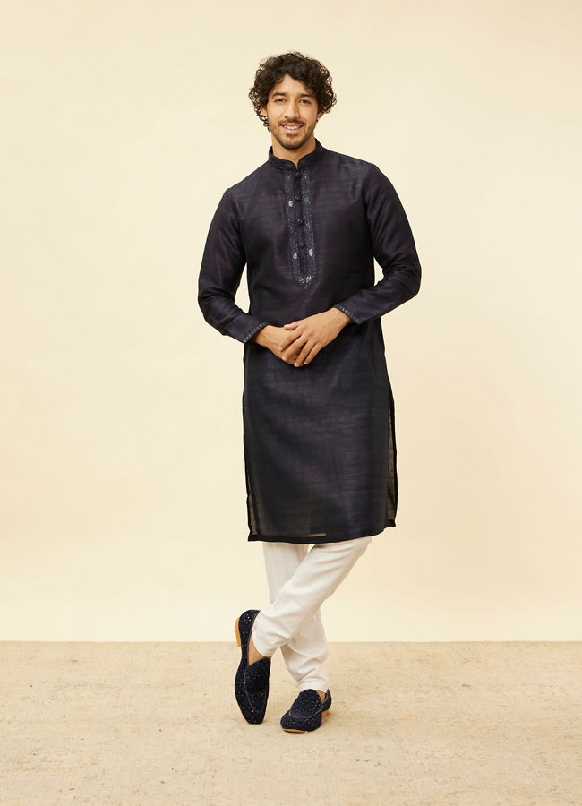 Manyavar Men Midnight Blue Sequinned Jaal Patterned Kurta Jacket Set image number 2