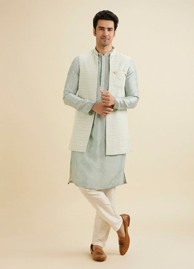 Manyavar Men Light Blue Elegance Kurta Jacket Set