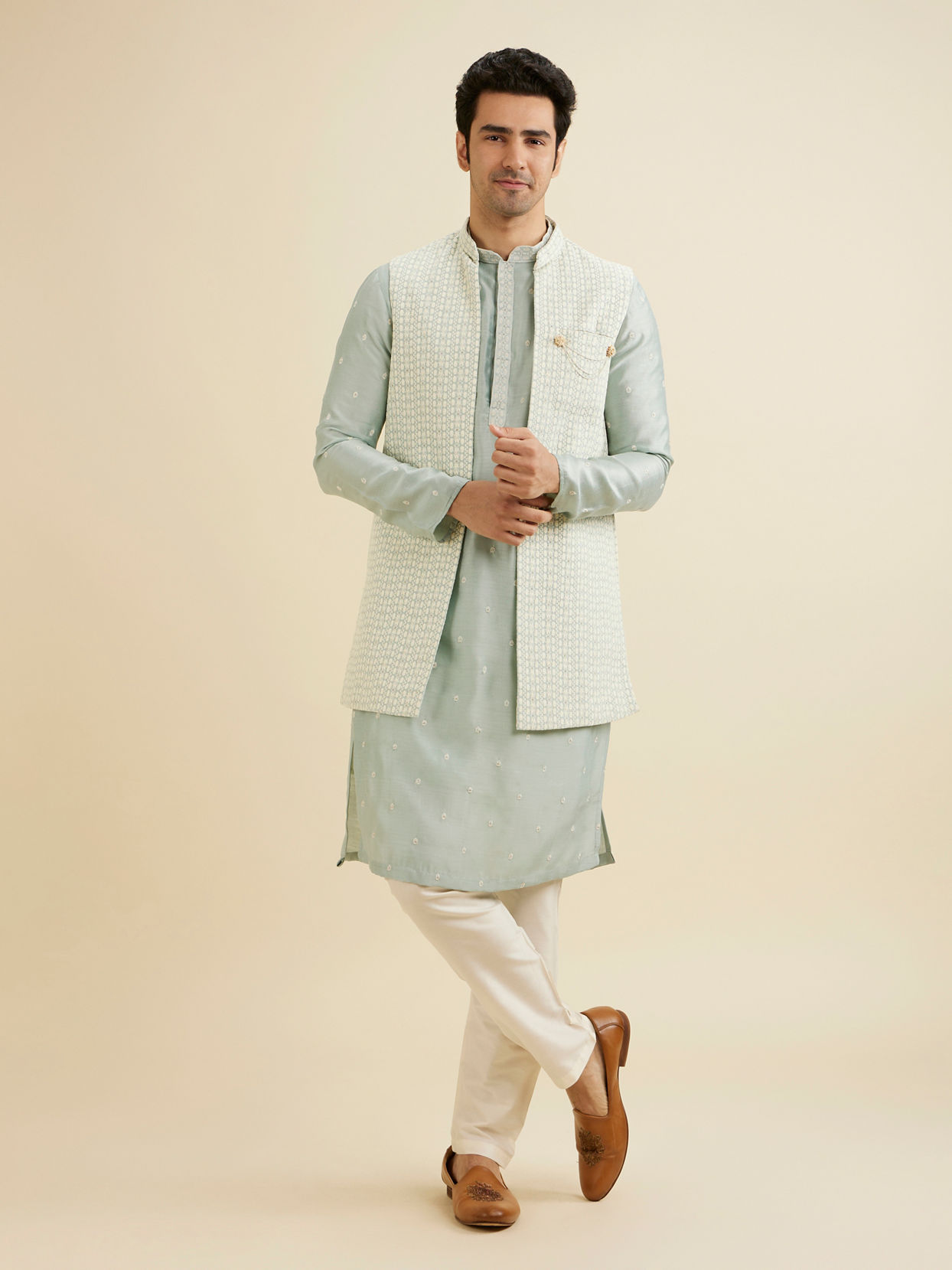 Manyavar Men Light Blue Elegance Kurta Jacket Set