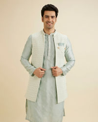 Manyavar Men Light Blue Elegance Kurta Jacket Set