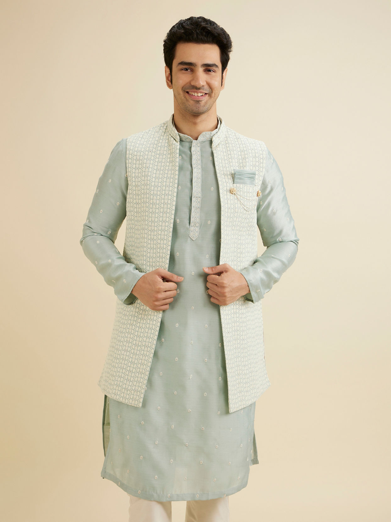 Manyavar Men Light Blue Elegance Kurta Jacket Set