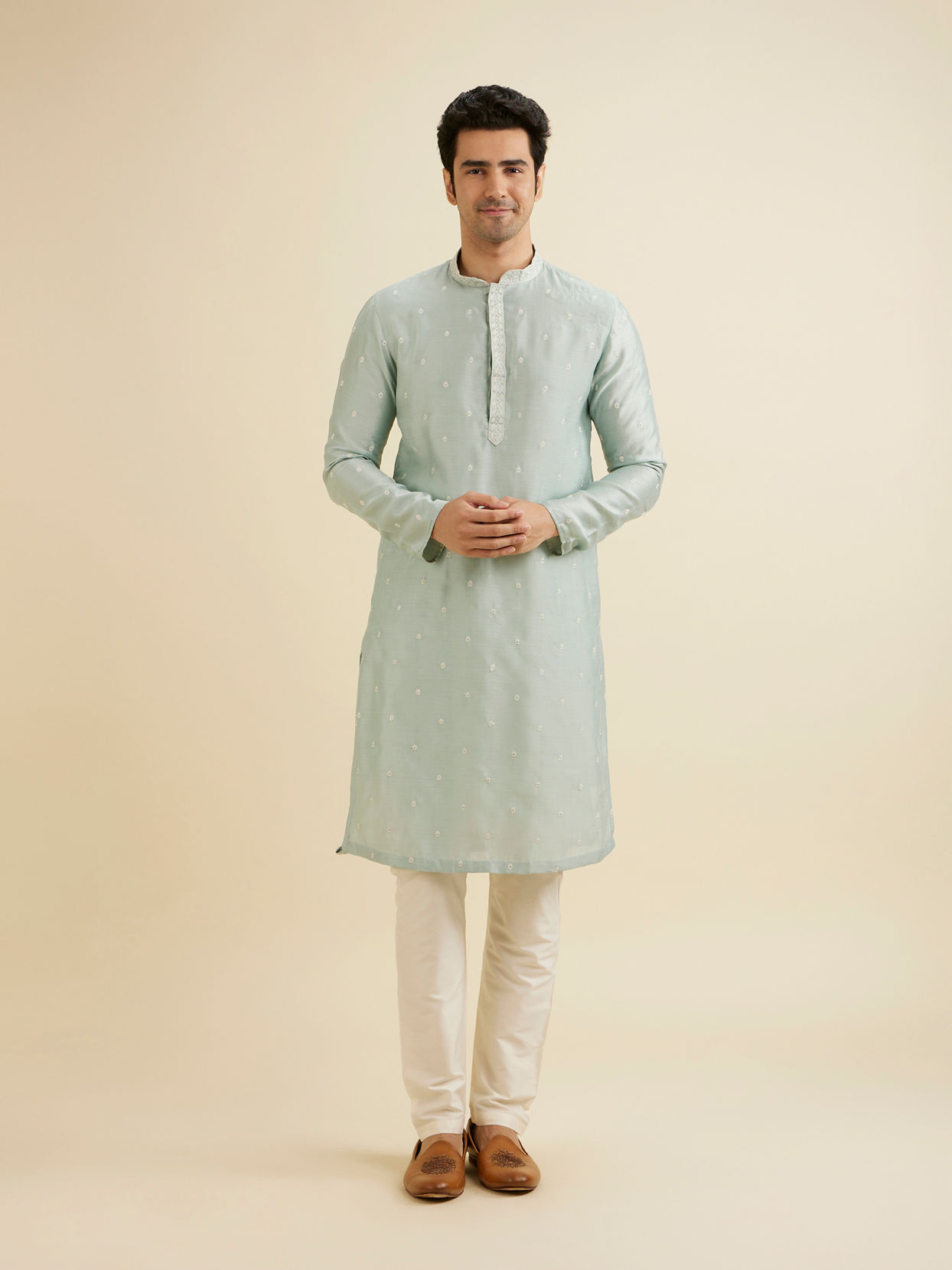 Manyavar Men Light Blue Elegance Kurta Jacket Set image number 4