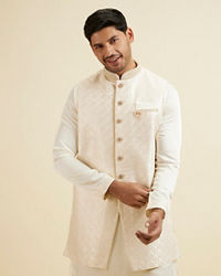 Manyavar Men Cream Self Patterned Jacket Set