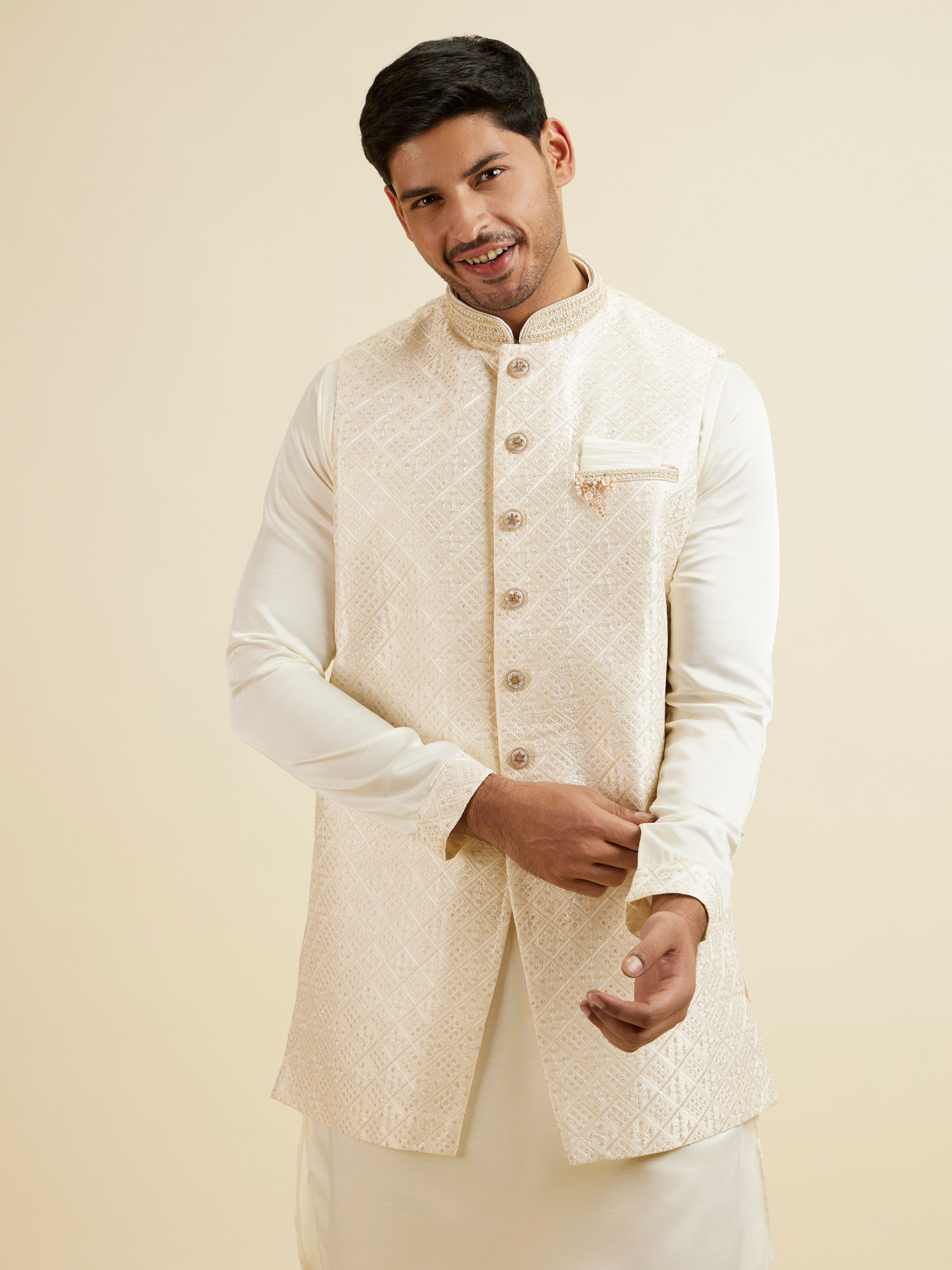 Manyavar Men Cream Self Patterned Jacket Set