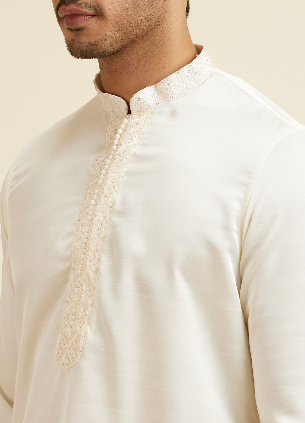 Manyavar Men Cream Self Patterned Jacket Set
