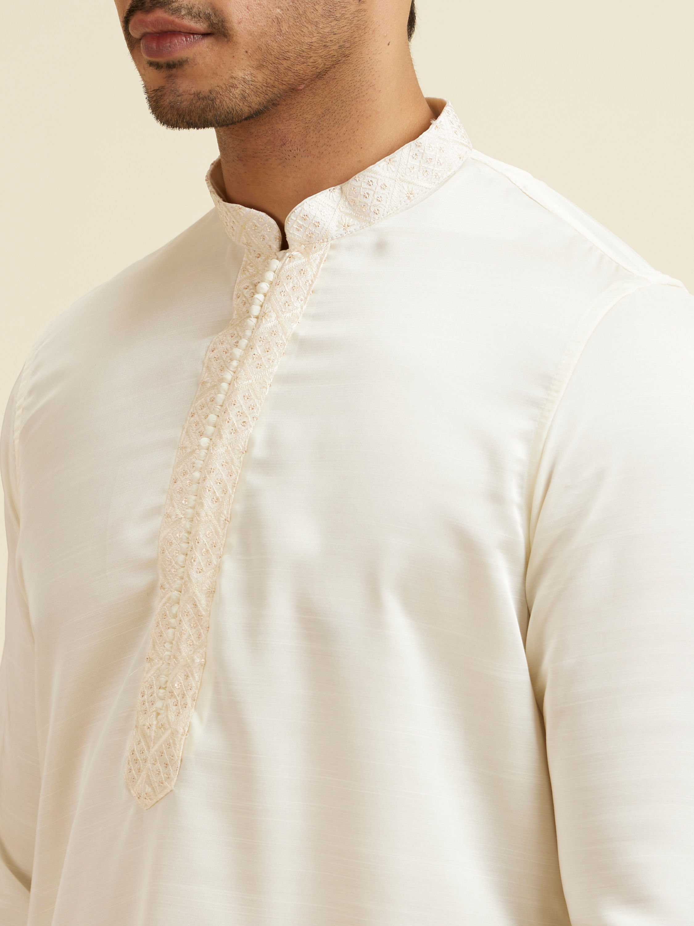 Manyavar Men Cream Self Patterned Jacket Set