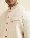 alt message - Manyavar Men Cream Self Patterned Jacket Set image number 2