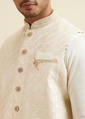 Manyavar Men Cream Self Patterned Jacket Set image number 2