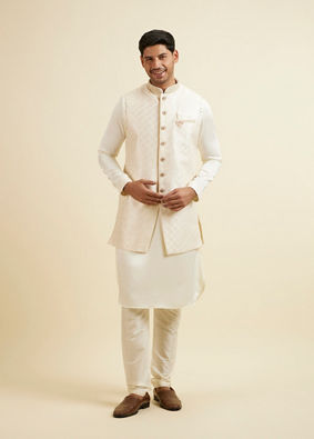 Manyavar Men Cream Self Patterned Jacket Set image number 4