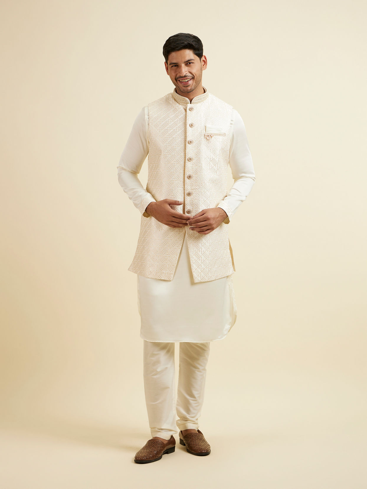 Manyavar Men Cream Self Patterned Jacket Set