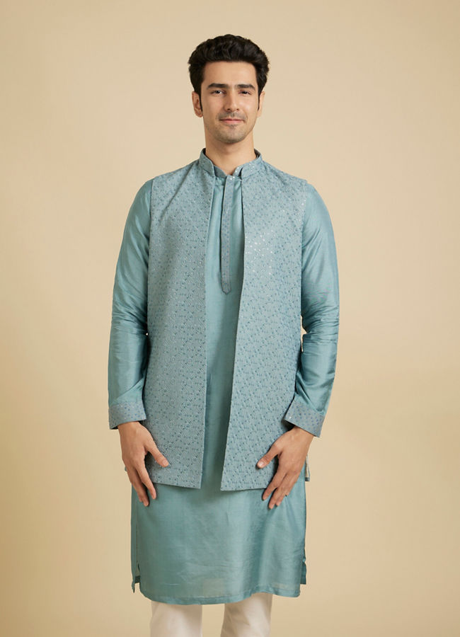 Manyavar Men Light Blue Buta Embroidered Jacket Set with Sequins Work