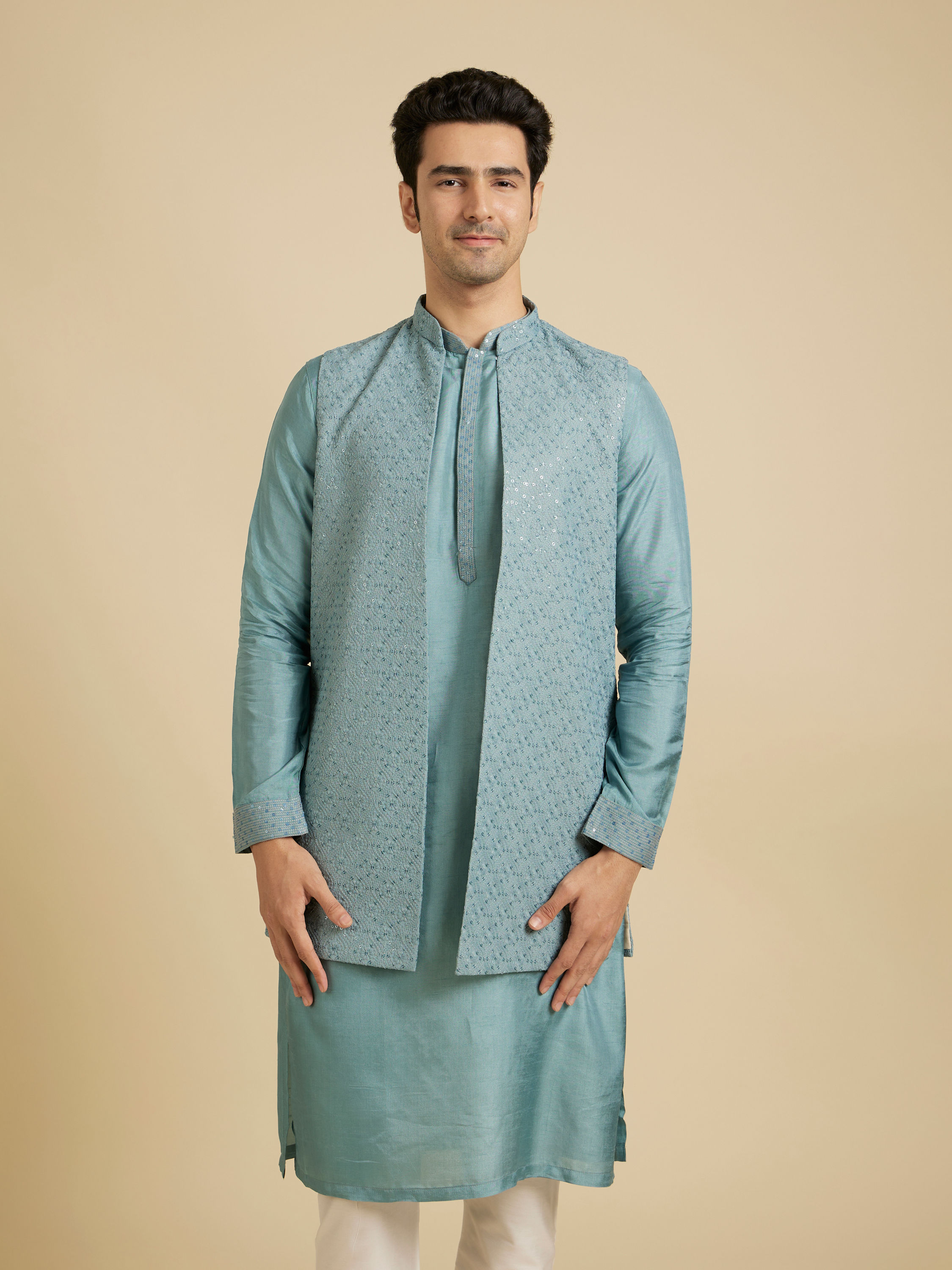 Manyavar Men Light Blue Buta Embroidered Jacket Set with Sequins Work