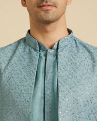 Manyavar Men Light Blue Buta Embroidered Jacket Set with Sequins Work