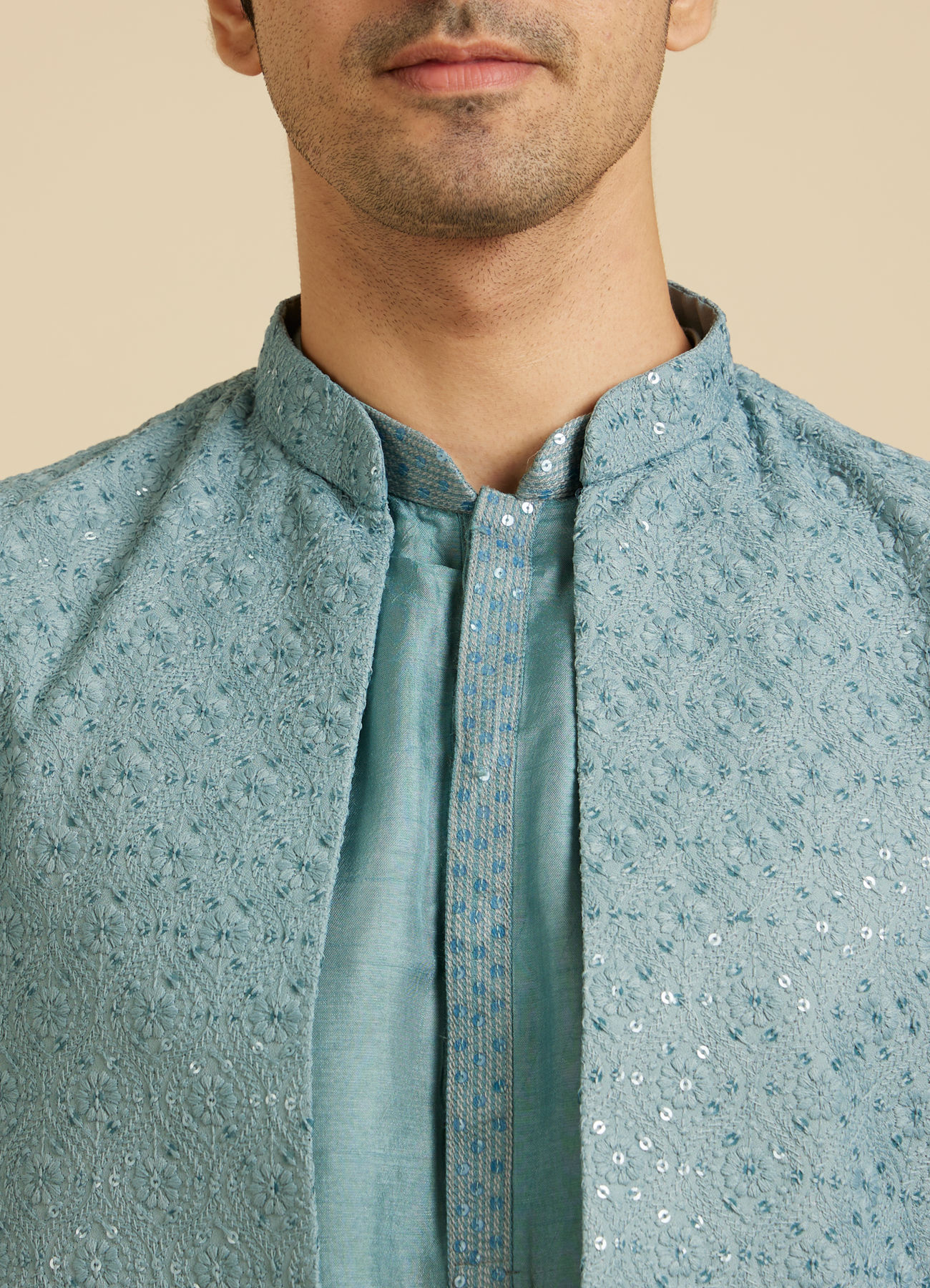 Manyavar Men Light Blue Buta Embroidered Jacket Set with Sequins Work