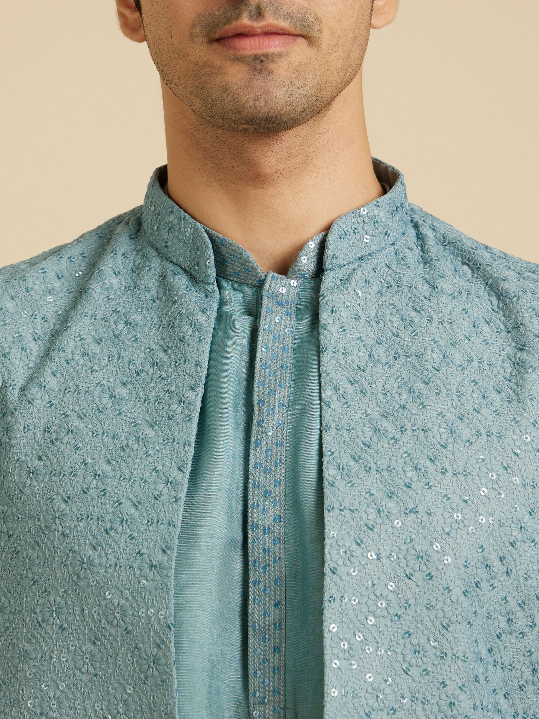 Manyavar Men Light Blue Buta Embroidered Jacket Set with Sequins Work