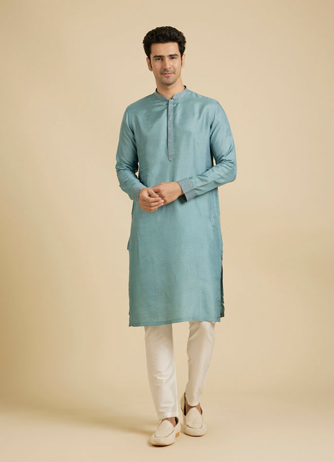 Manyavar Men Light Blue Buta Embroidered Jacket Set with Sequins Work