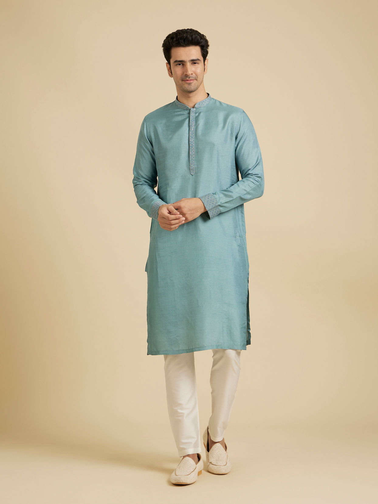Manyavar Men Light Blue Buta Embroidered Jacket Set with Sequins Work