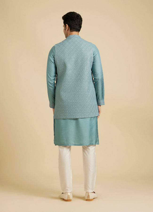 Manyavar Men Light Blue Buta Embroidered Jacket Set with Sequins Work