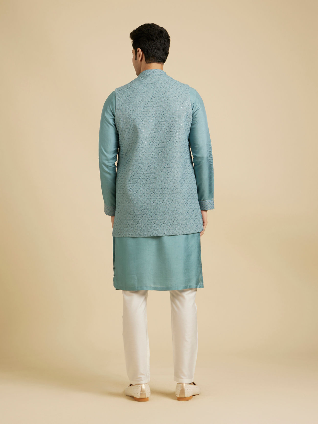Manyavar Men Light Blue Buta Embroidered Jacket Set with Sequins Work