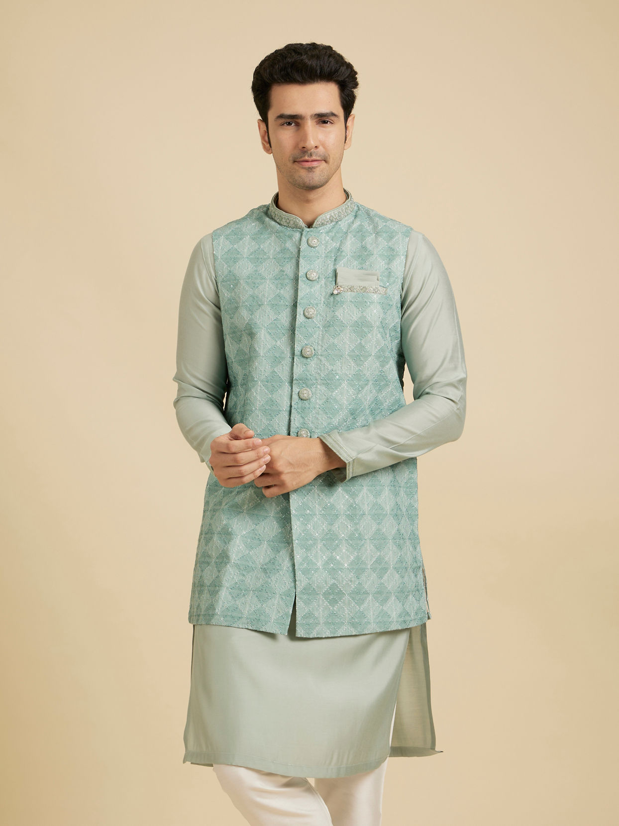 Manyavar Men Emerald Elegance Kurta Jacket Set