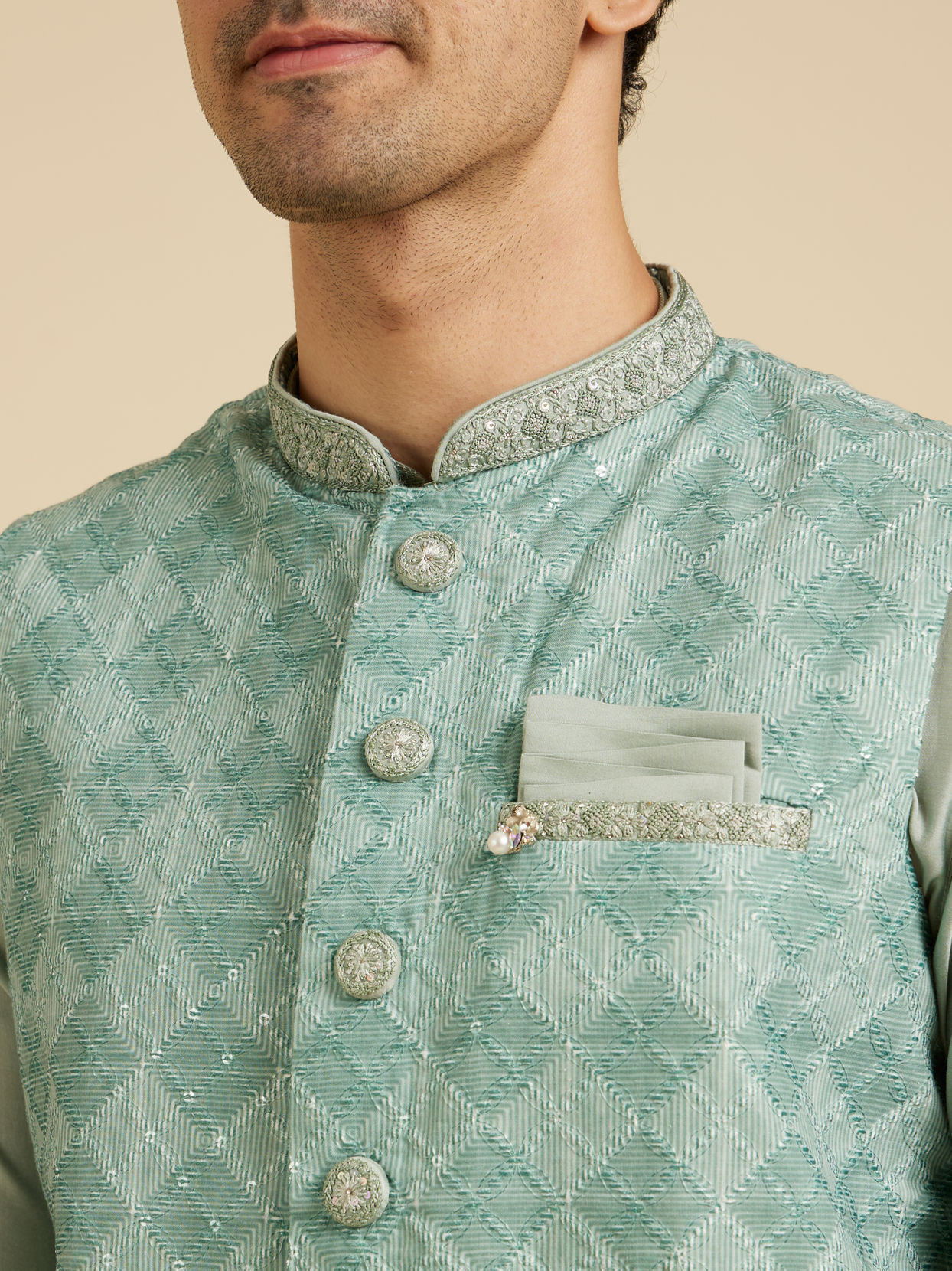 Manyavar Men Emerald Elegance Kurta Jacket Set