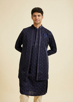 Manyavar Men Classy Dark Blue Kurta Jacket Set