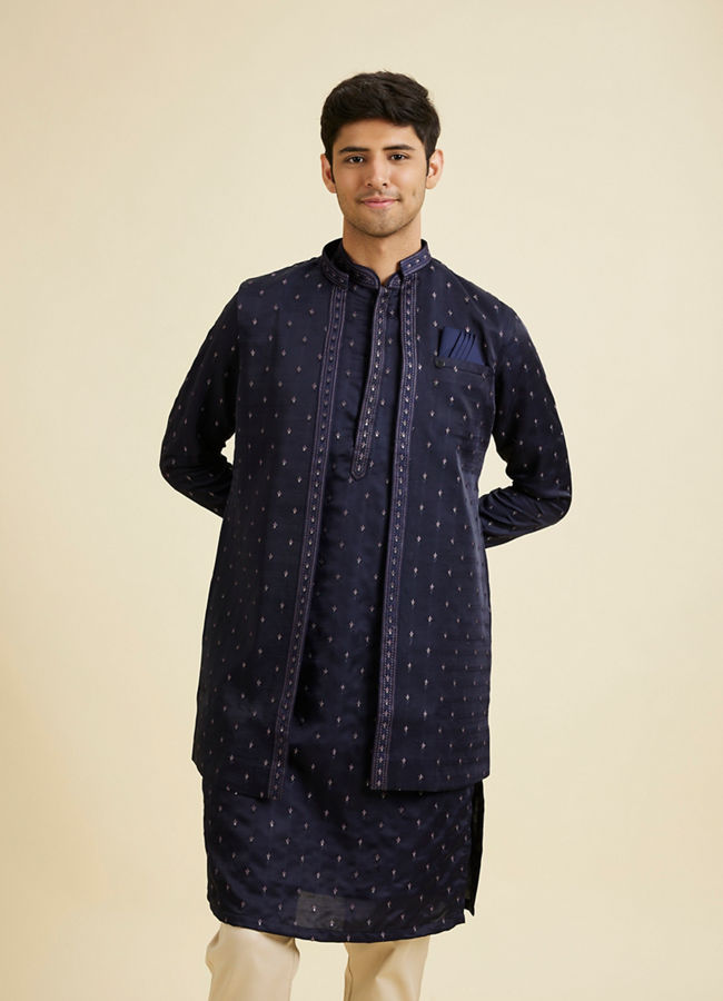 Manyavar Men Classy Dark Blue Kurta Jacket Set