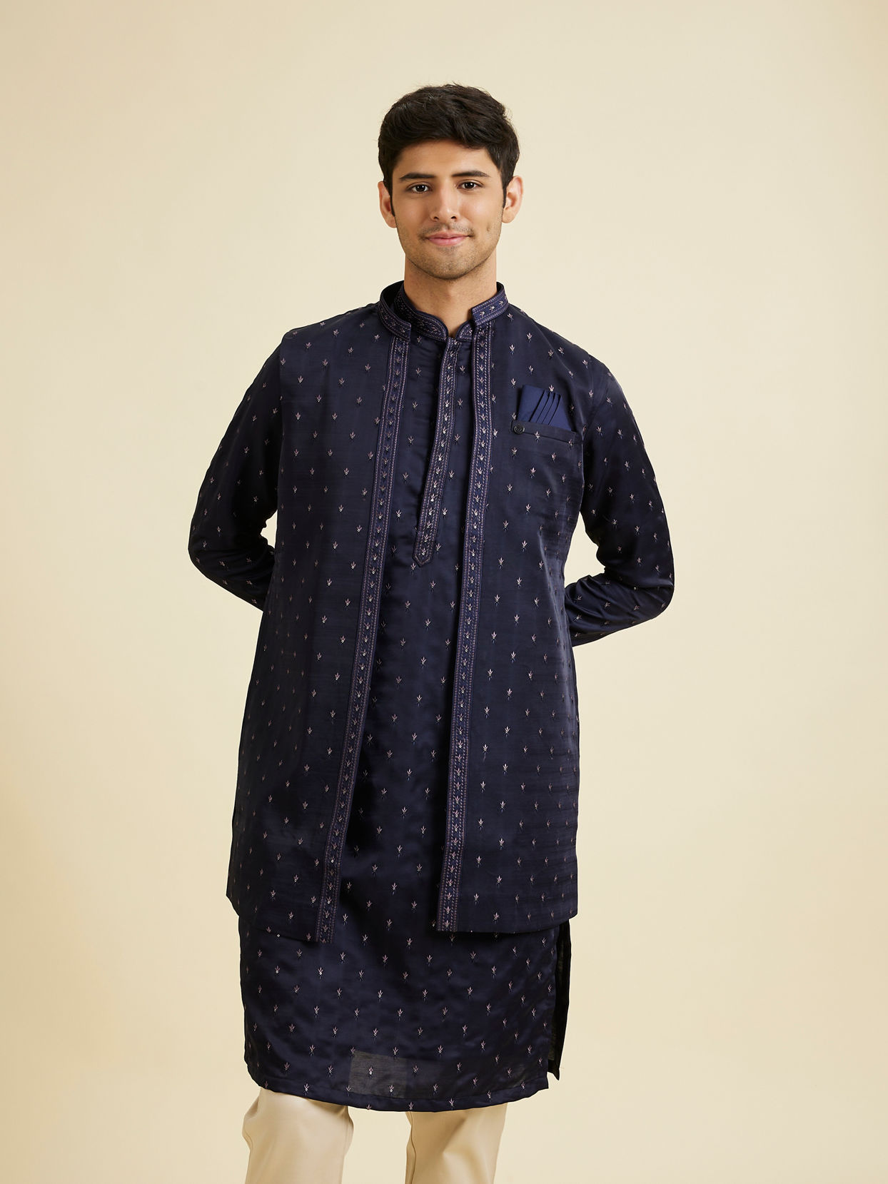Manyavar Men Classy Dark Blue Kurta Jacket Set
