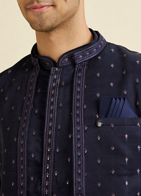 Manyavar Men Classy Dark Blue Kurta Jacket Set