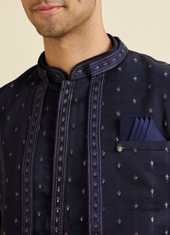 Manyavar Men Classy Dark Blue Kurta Jacket Set