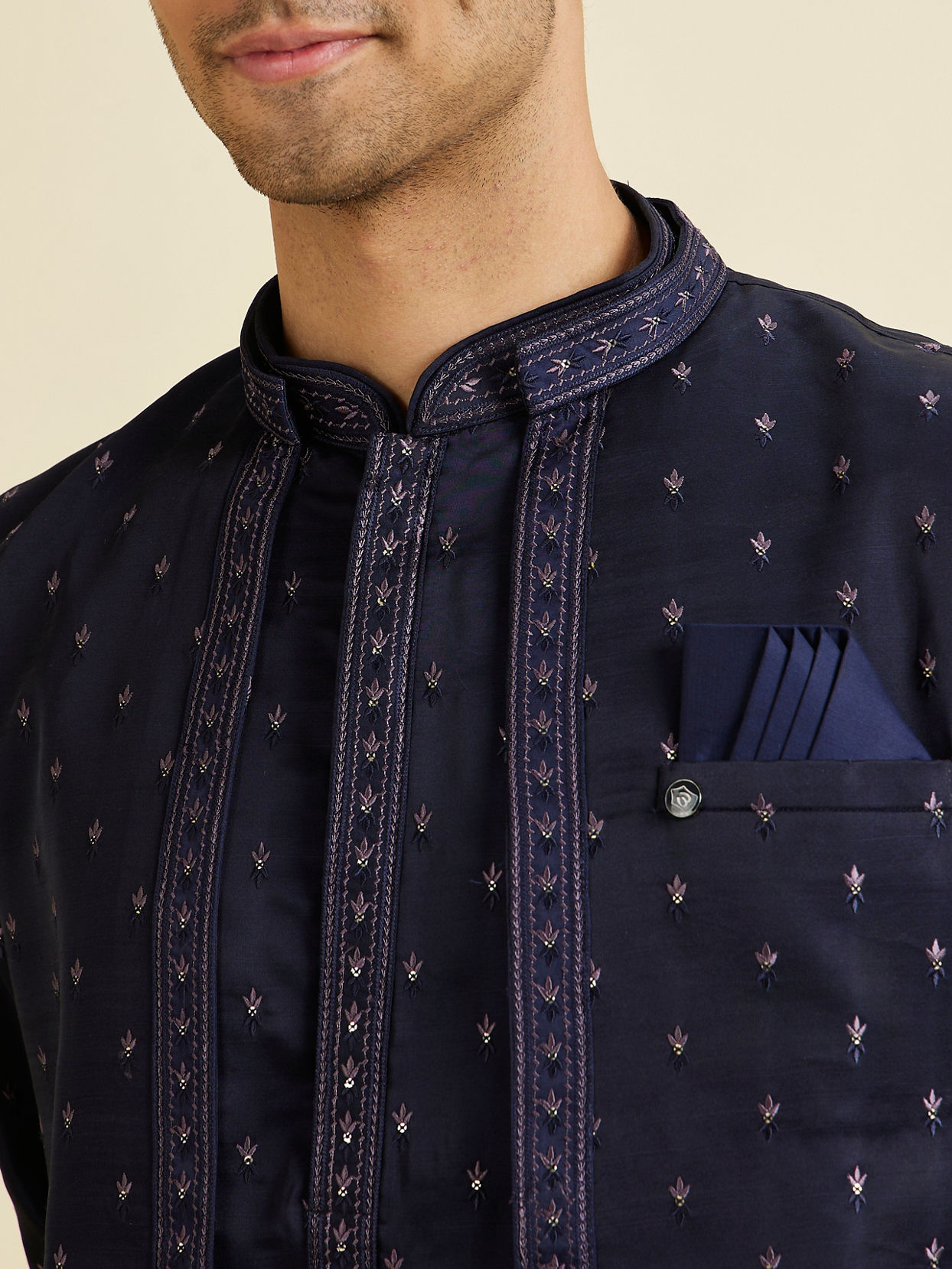 Manyavar Men Classy Dark Blue Kurta Jacket Set
