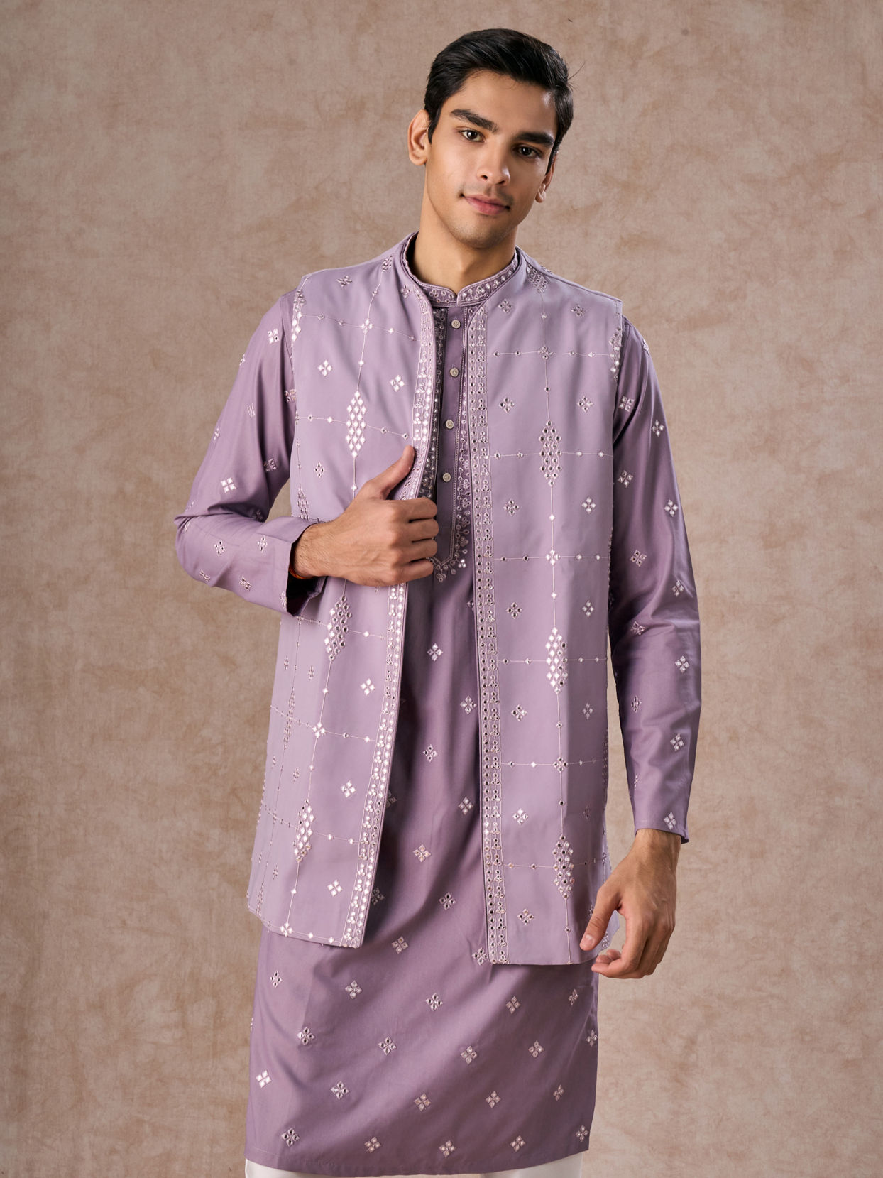 Manyavar Men Purple Kurta Jacket Set