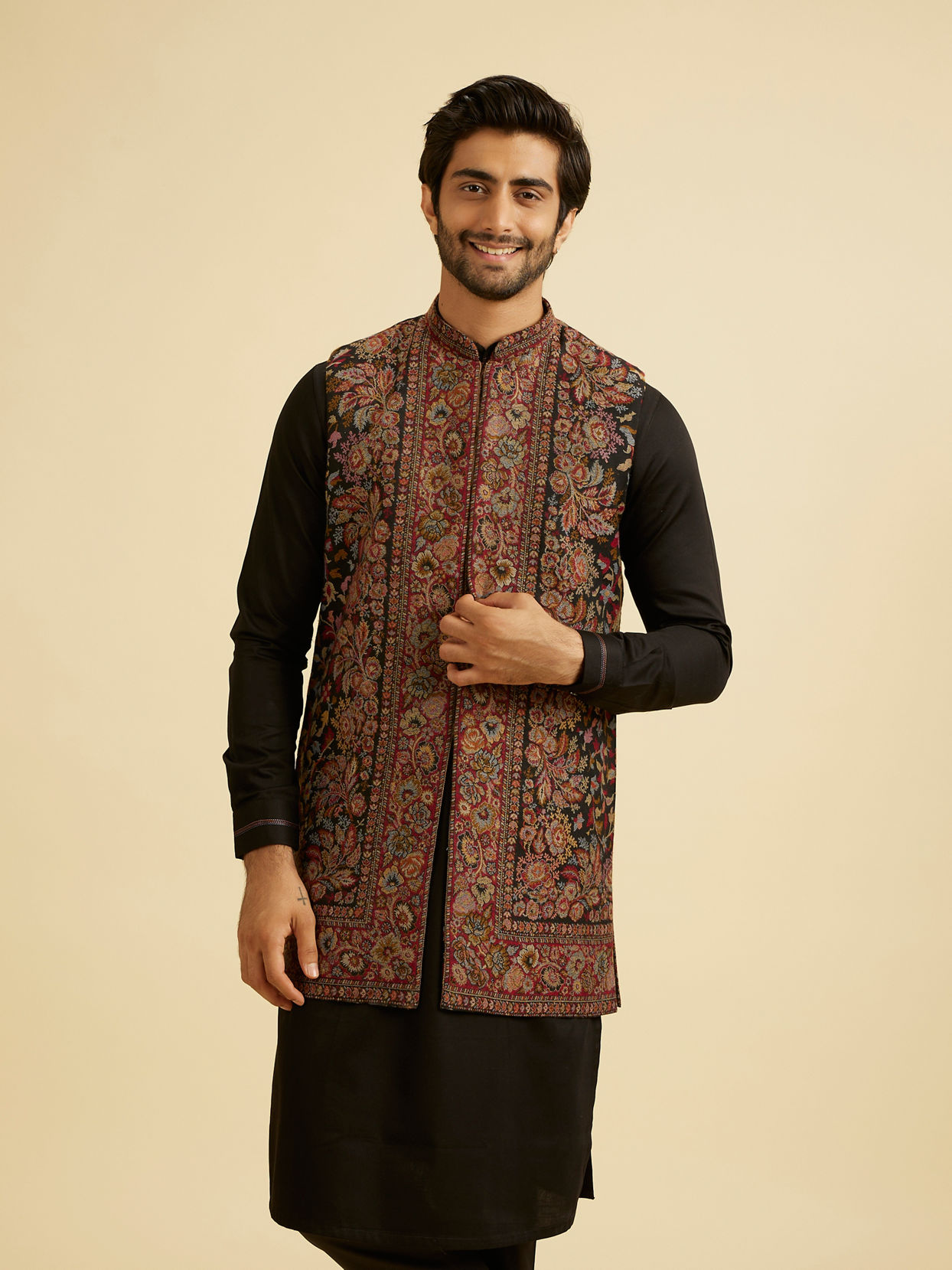 Manyavar Men Black Enigmatic Kurta Jacket Set
