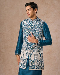 Manyavar Men Teal Blue Elegance Kurta Jacket Set