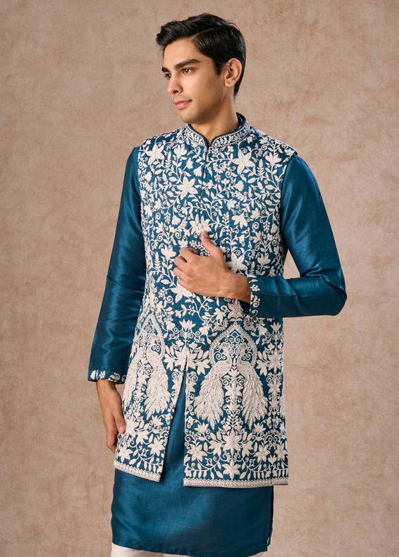 Manyavar Men Teal Blue Elegance Kurta Jacket Set