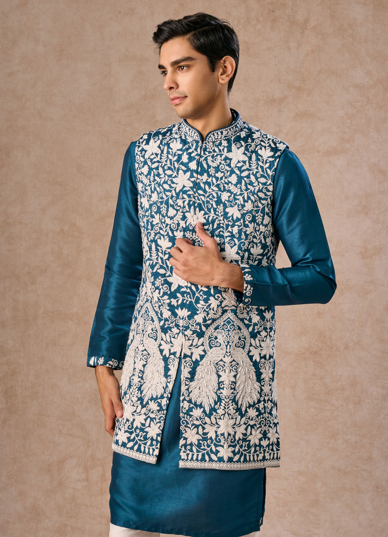 Manyavar Men Teal Blue Elegance Kurta Jacket Set